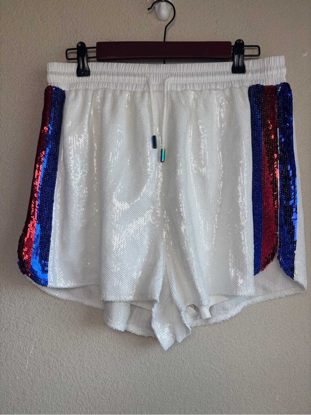 Queen of Sparkles Red White Blue Stripe 4th of July Full Sequin Shorts L
